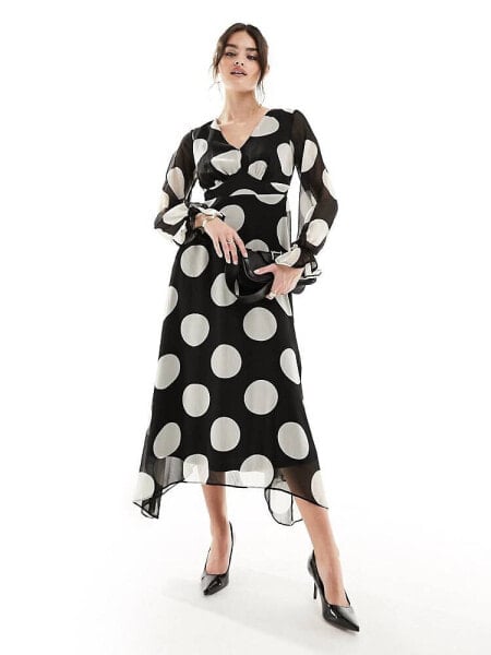 New Look long sleeve chiffon midi dress in polka dot