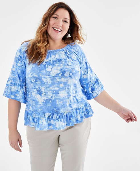 Plus Size Printed On/Off-The-Shoulder Knit Top, Created for Macy's