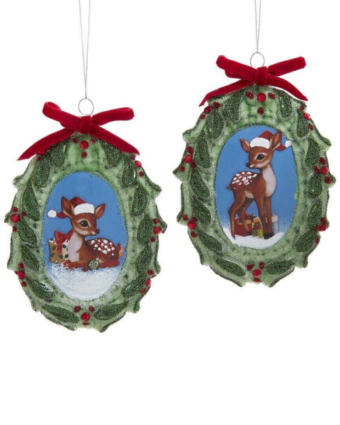 Kurt Adler Set Of 2 4.5In X 3.5In Glass Deer Disc Ornaments Multicolor