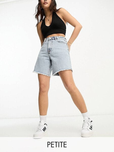 Miss Selfridge petite long line denim short in acid wash 