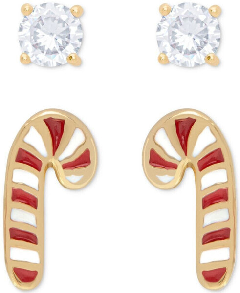 2-Pc. Set Lab-grown White Sapphire (1/3 ct. t.w.) & Enamel Candy Cane Stud Earrings in 14k Gold-Plated Sterling Silver