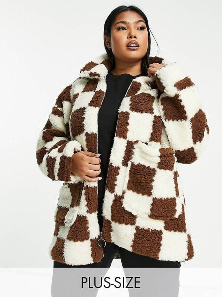 Wednesday's Girl Curve boxy oversized coat in check fluffy borg