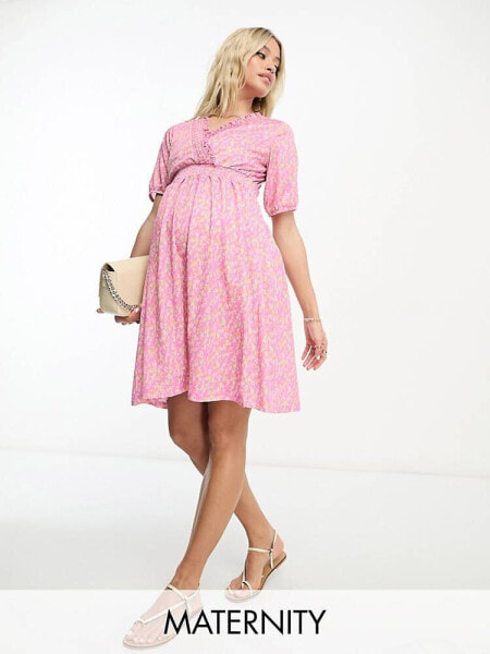 Mamalicious Maternity floral mini dress in pink 