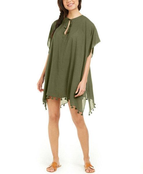 DKNY 276747 Women's Standard T Shirt Dress Cover Up, Olive Kaftan Pom Pom, s/m