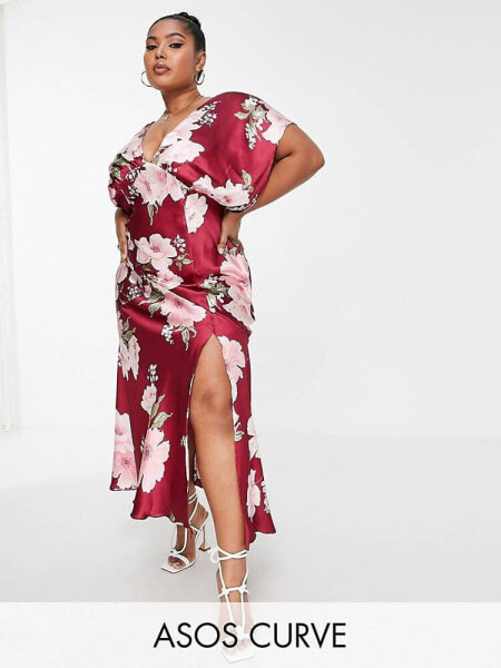 ASOS DESIGN Curve satin batwing midi dress with vintage floral artwork in red