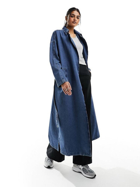 Something New Denim oversized longline trench coat in medium blue wash