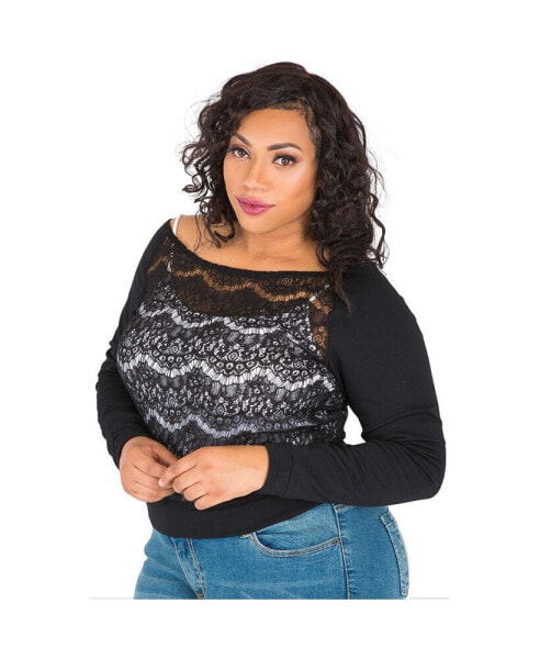 Women's Plus Size Curvy-Fit Lace Ponte Pullover Neck Tops