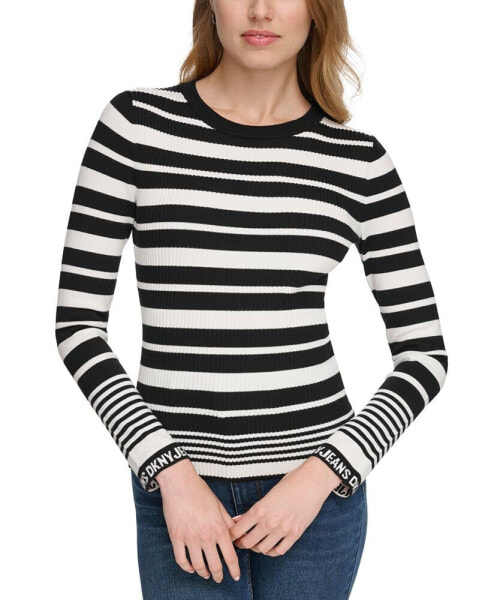 Women's Striped Logo-Cuff Crewneck Sweater