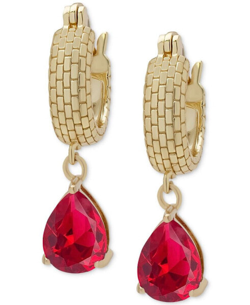 Lab Grown Ruby Pear Dangle Textured Hoop Earrings (2 ct. t.w.) in 14k Gold-Plated Sterling Silver