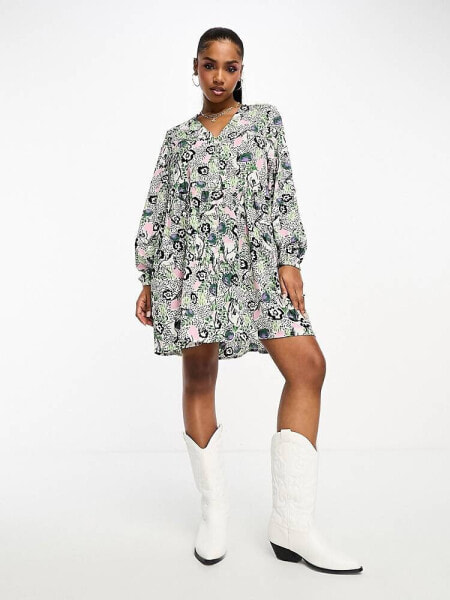 Monki button through mini smock dress in floral print