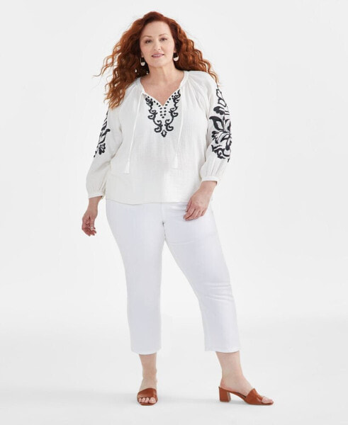 Plus Size Tie Neck Cotton Peasant Blouse, Created for Macy's