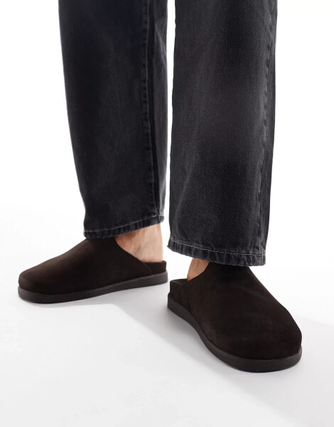 Walk London Breeze Slip On Mules In Brown Suede