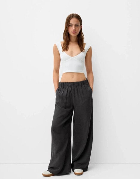 Bershka pull on waist wide leg trousers in dark grey