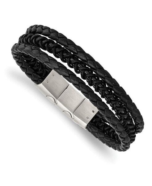 Stainless Steel Brushed Black IP-plated Black Leather Bracelet