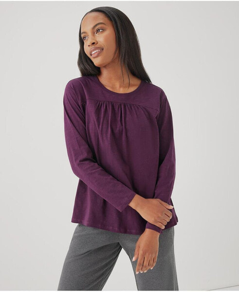 Organic Cotton Relaxed Slub Gathered Long Sleeve Top