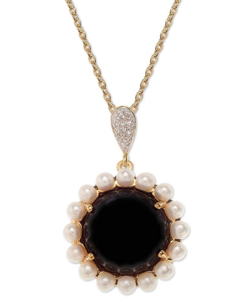 Macy's onyx, Freshwater Pearl (3mm) & White Topaz Accent 18" Pendant Necklace in 14k Gold-Plated Sterling Silver