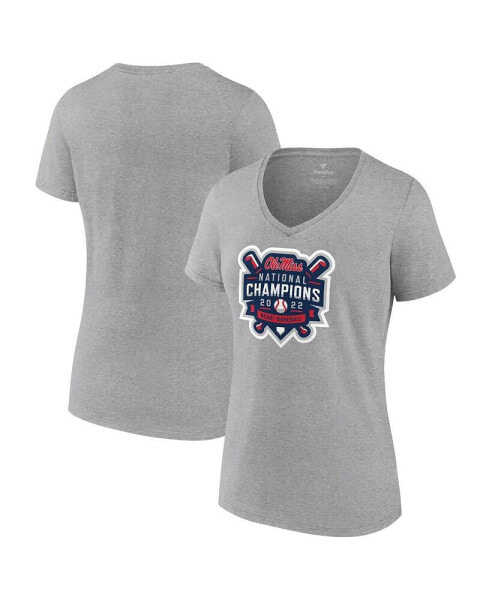 Women's Heathered Gray Ole Miss Rebels 2022 NCAA Men's Baseball College World Series Champions Official Logo V-Neck T-shirt