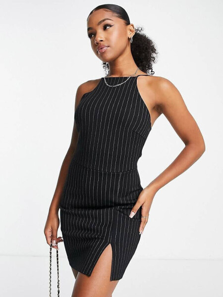 Stradivarius halterneck mini dress in black pinstripe