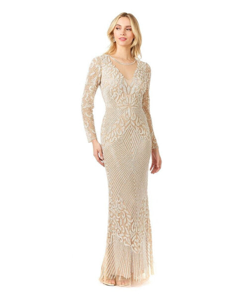 Women's - Fitted Long Sleeve Beaded Gown