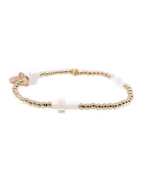 Non-Tarnishing Gold filled, 3mm Gold Ball and Mother Of Pearl Cross Stretch Bracelet