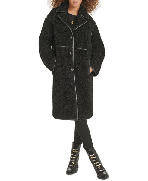 Women's Faux-Leather-Trim Teddy Coat