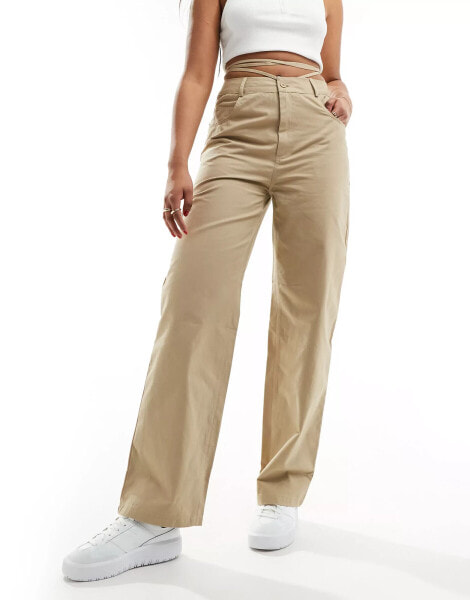 Sixth June tie waist detail trousers in beige