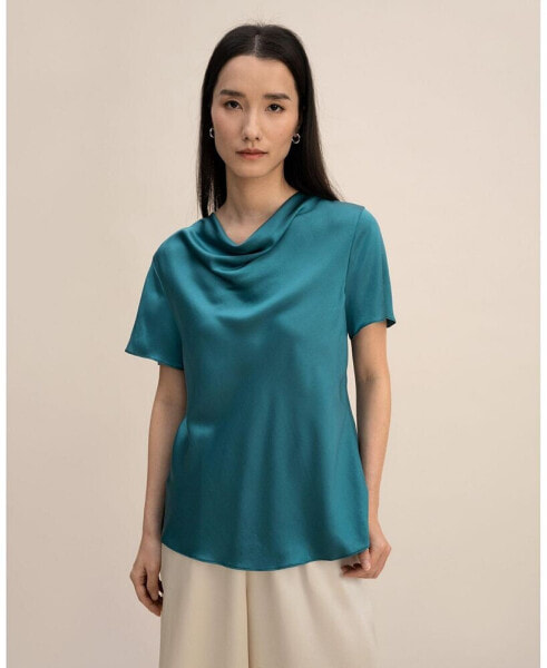 Women's Cowl Neck Short Sleeves Silk T-Shirt for Women