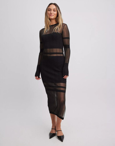 NA-KD knitted panelled midi dress in black