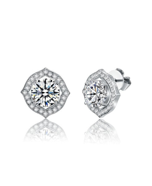 Sterling Silver White Gold Plated with 2.34ctw Lab Created Moissanite Round Geometric Halo Stud Earrings