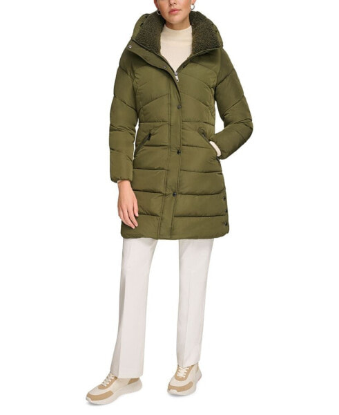 Women's Faux-Sherpa Collar Hooded Stretch Puffer Coat, Created for Macy's