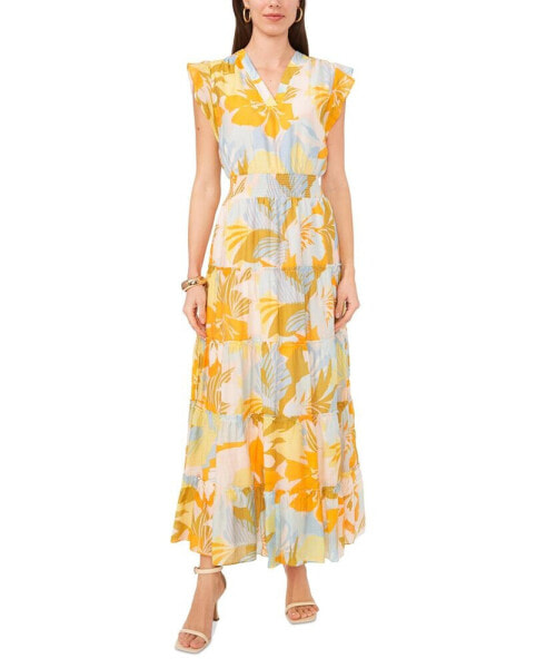 Women's Printed Cap-Sleeve Tiered Maxi Dress