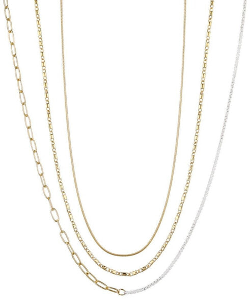 14k Gold Flash Plated White Enamel Paperclip Herringbone Chain Layered Necklaces, 3 Piece Set