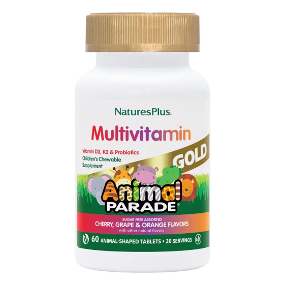 NaturesPlus Animal Parade Gold Multivitamin Детский витаминно-минеральный комплекс с пробиотиками и органическими цельными продуктами 120 жевательных таблеток со вкусом вишни апельсина и винограда 1392₽