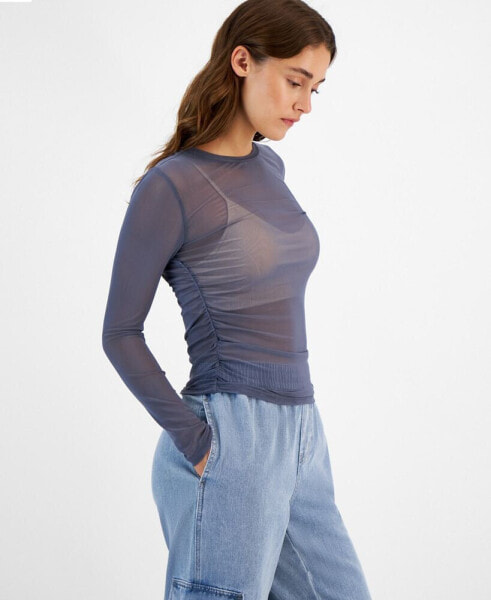 Juniors' Side-Ruched Long-Sleeve Mesh Top