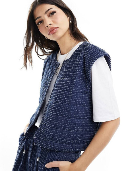 Object textured denim cropped gilet co-ord in dark blue wash