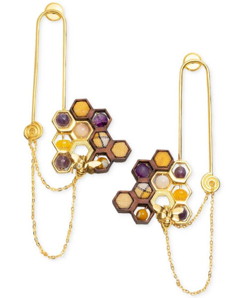 18k Gold-Plated Mixed Gemstone Honeycomb & Chain Drop Earrings