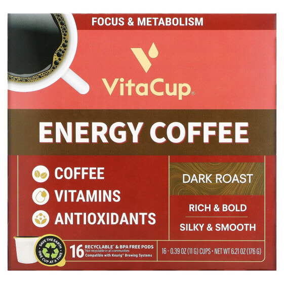 Energy Coffee, Dark Roast, 16 Cups, 0.39 oz (11 g ) Each