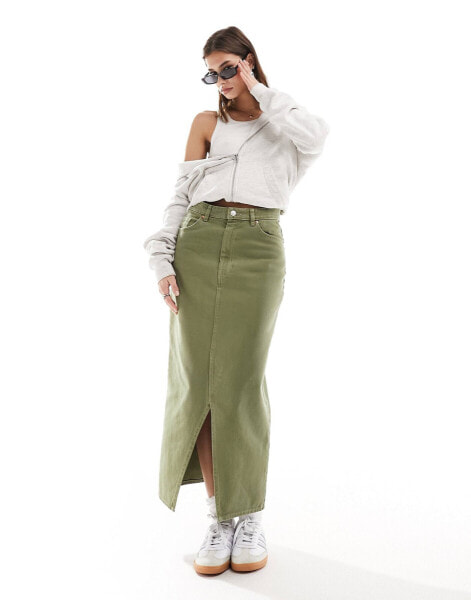 Monki denim midi skirt with split in khaki green wash