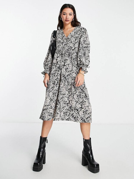 Monki long sleeve ditsy floral print midi dress in multi