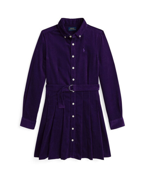 Big Girls Belted Pleated Corduroy Shirtdress