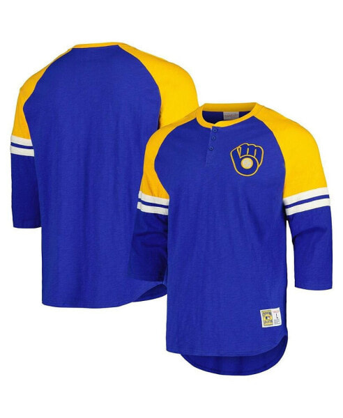 Men's Royal Milwaukee Brewers Cooperstown Collection Legendary Raglan Slub Henley 3/4-Sleeve T-Shirt