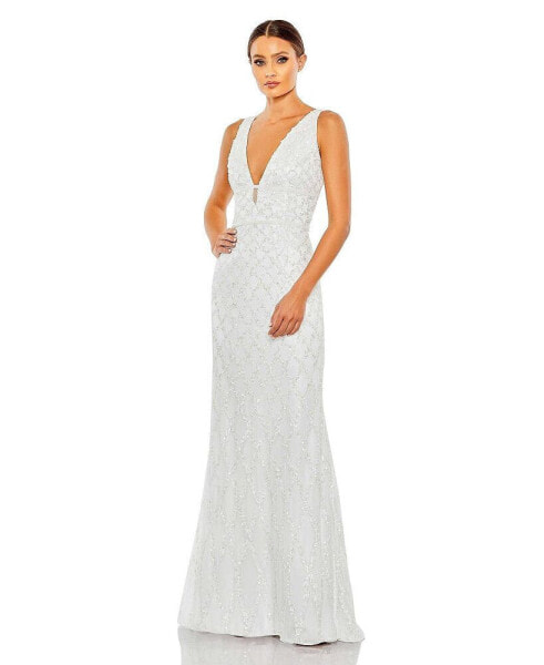 Women's Sequined Plunge Neck Sleeveless Column Gown