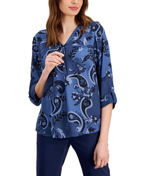 Women's Printed 3/4 Roll-Sleeve Top, Created for Macy's