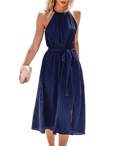 Women's Blue High Neck Sleeveless Midi Beach Dress