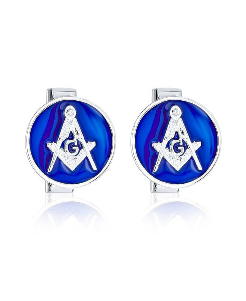 Round Circle Disc Freemasons Compass Symbol Masonic Cufflinks For Men Royal Blue Enamel Two Tone .925 Sterling Silver Hinge Bullet Back
