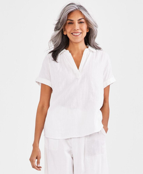 Women's Cotton Gauze Popover Collared Top, Created for Macy's