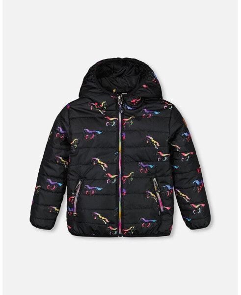 Girl Quilted Mid-Season Jacket Black Printed Multicolor Unicorns - Child