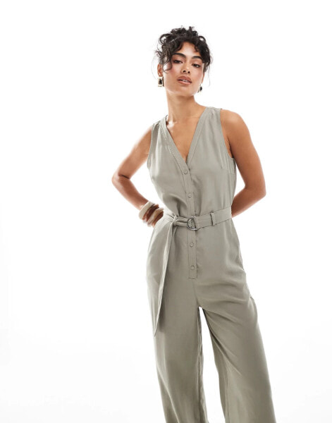 Mango linen mix v neck jumpsuit in khaki