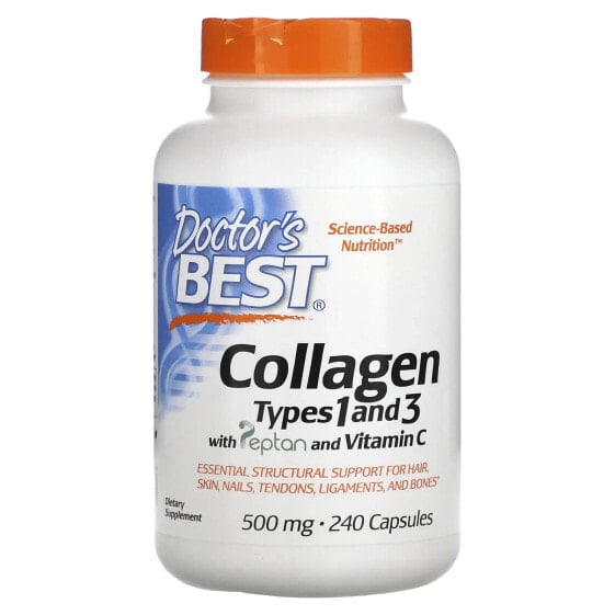 Collagen Types 1 and 3 with Peptan and Vitamin C, 500 mg, 240 Capsules (125 mg per Capsule)