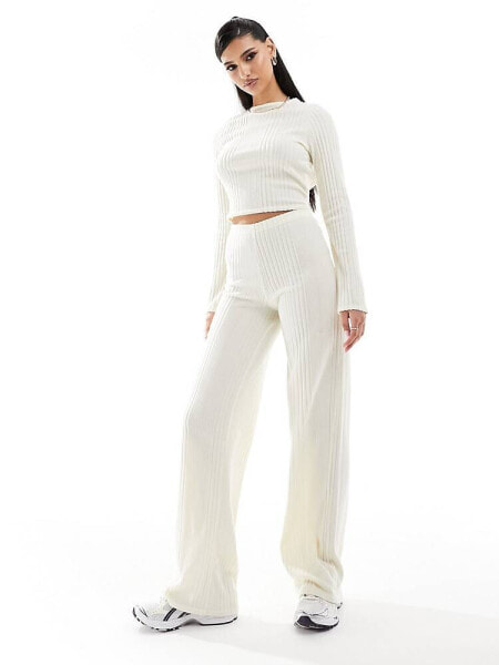 Missyempire ribbed wide leg trousers co-ord in cream